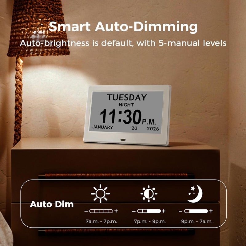 Pastigio 7'' Digital Clock, Dementia Clock With Date And Time, 10 Reminders, 6 Alarms, Auto-Dimming, Auto DST, Remote Control, Large Display Alarm Clock For Seniors, Gifts For People With Dementia, White - Image 4